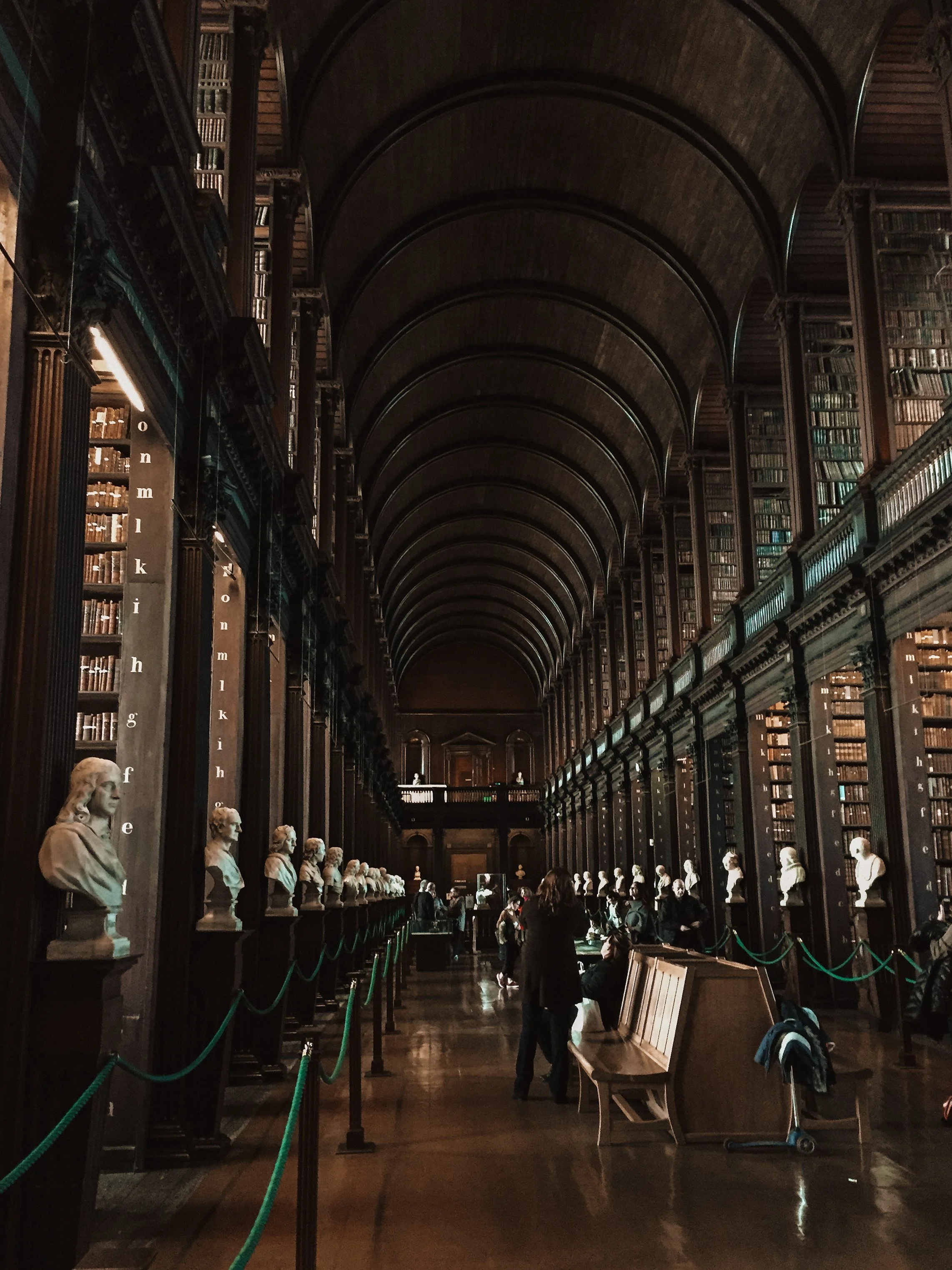 Interior of a historic library with high vaulted ceilings, tall wooden bookshelves filled with books, white bust sculptures along a balustrade, wooden benches, and people browsing or reading.