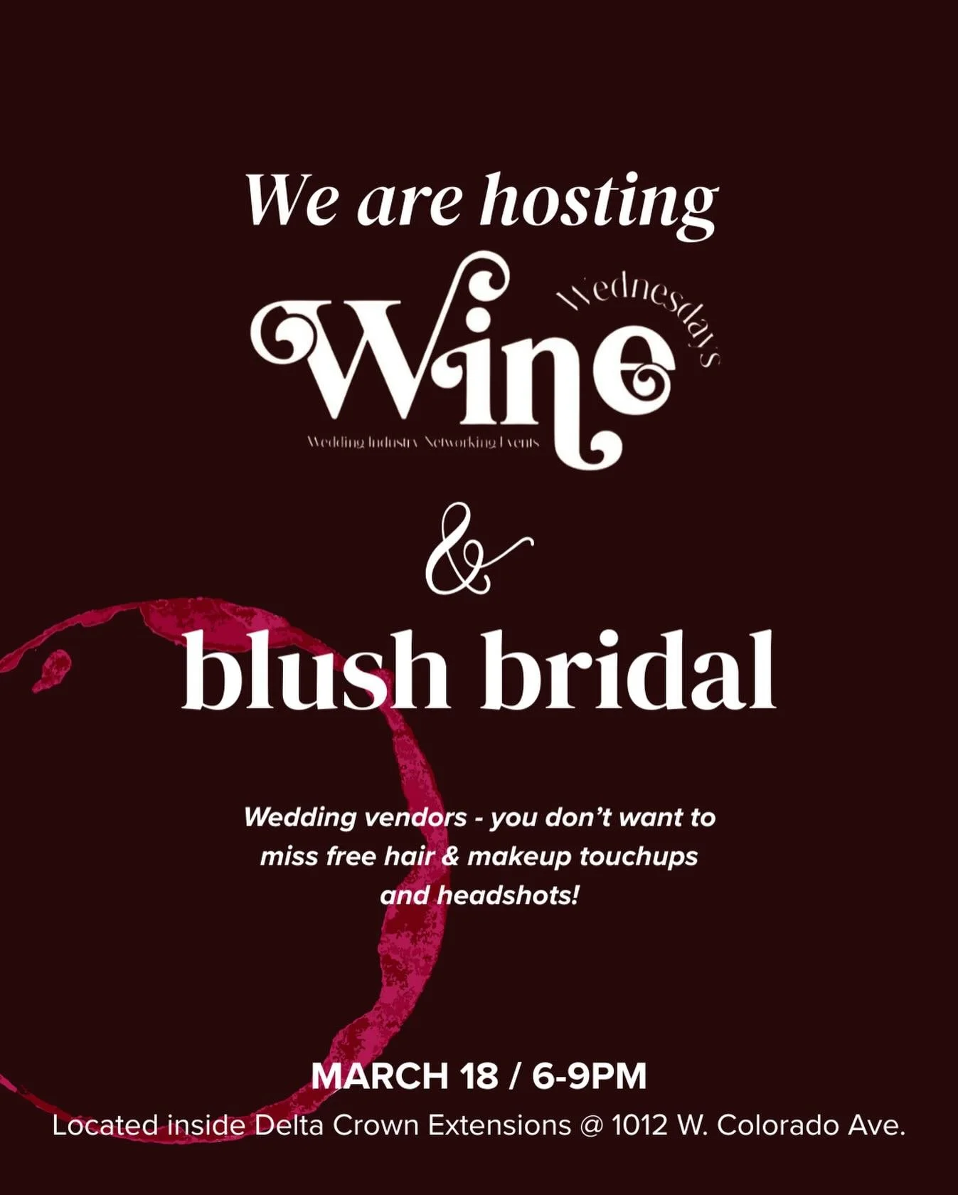 WEDDING VENDOR FRIENDS - this one&rsquo;s for you!

I&rsquo;m so excited to announce that Blush will be hosting the next upcoming Wine Wednesdays networking event at our gorgeous space located inside Delta Crown Extensions. 

Not only will we offerin