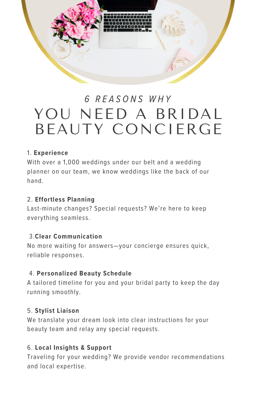 A promotional flyer for a bridal beauty concierge service featuring a workspace with a laptop, pink flowers, gold decorative clips, and a notepad, with text highlighting six reasons to use the service.