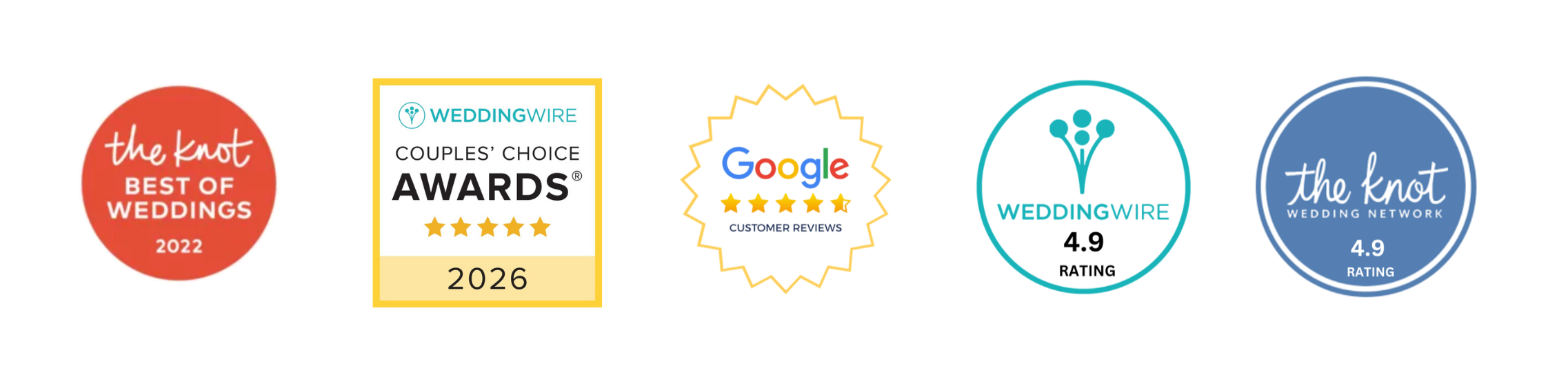 award badges including the knot wedding wire couples choice awards five star google rating