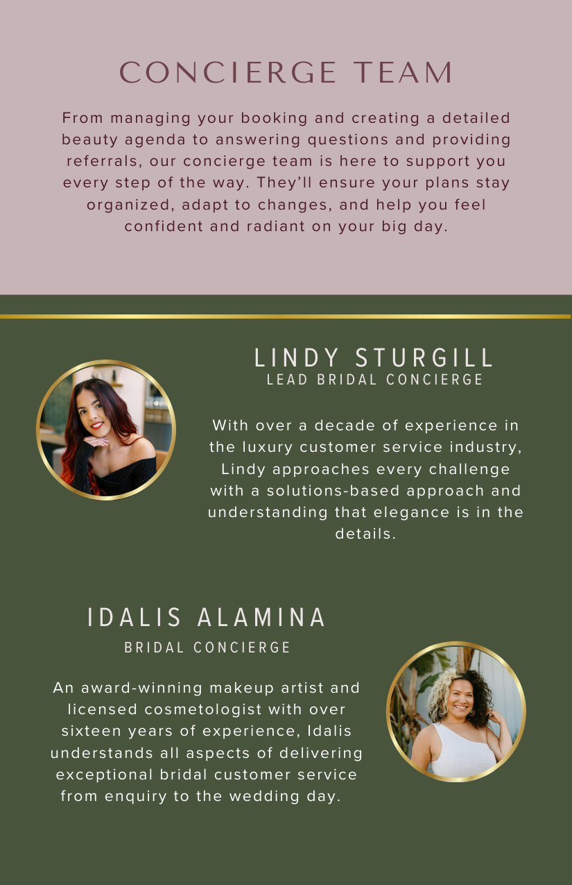 A promotional flyer introducing a concierge team with their photos, names, titles, and descriptions of their experience and expertise in bridal and wedding services.