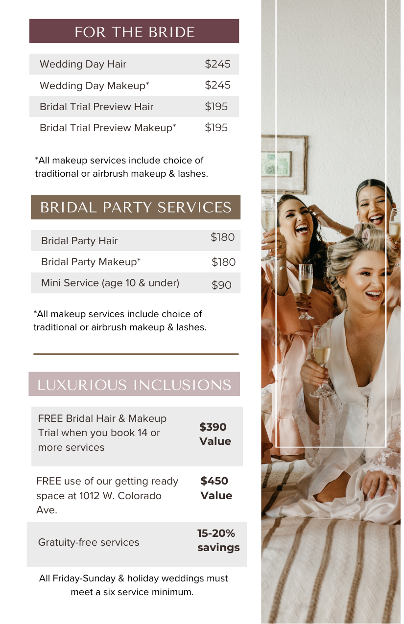 Wedding services and bridal party packages with prices listed on a flyer alongside a group of women celebrating and holding glasses of champagne.