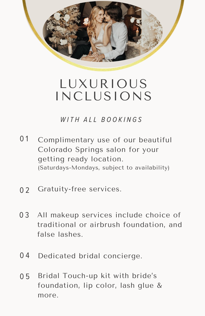 A promotional flyer for a wedding or beauty service, featuring an image of a smiling couple in an intimate moment surrounded by flowers and candles, with text highlighting luxurious inclusions such as complimentary salon use, gratuity-free services, makeup options, bridal concierge, and touch-up kits.