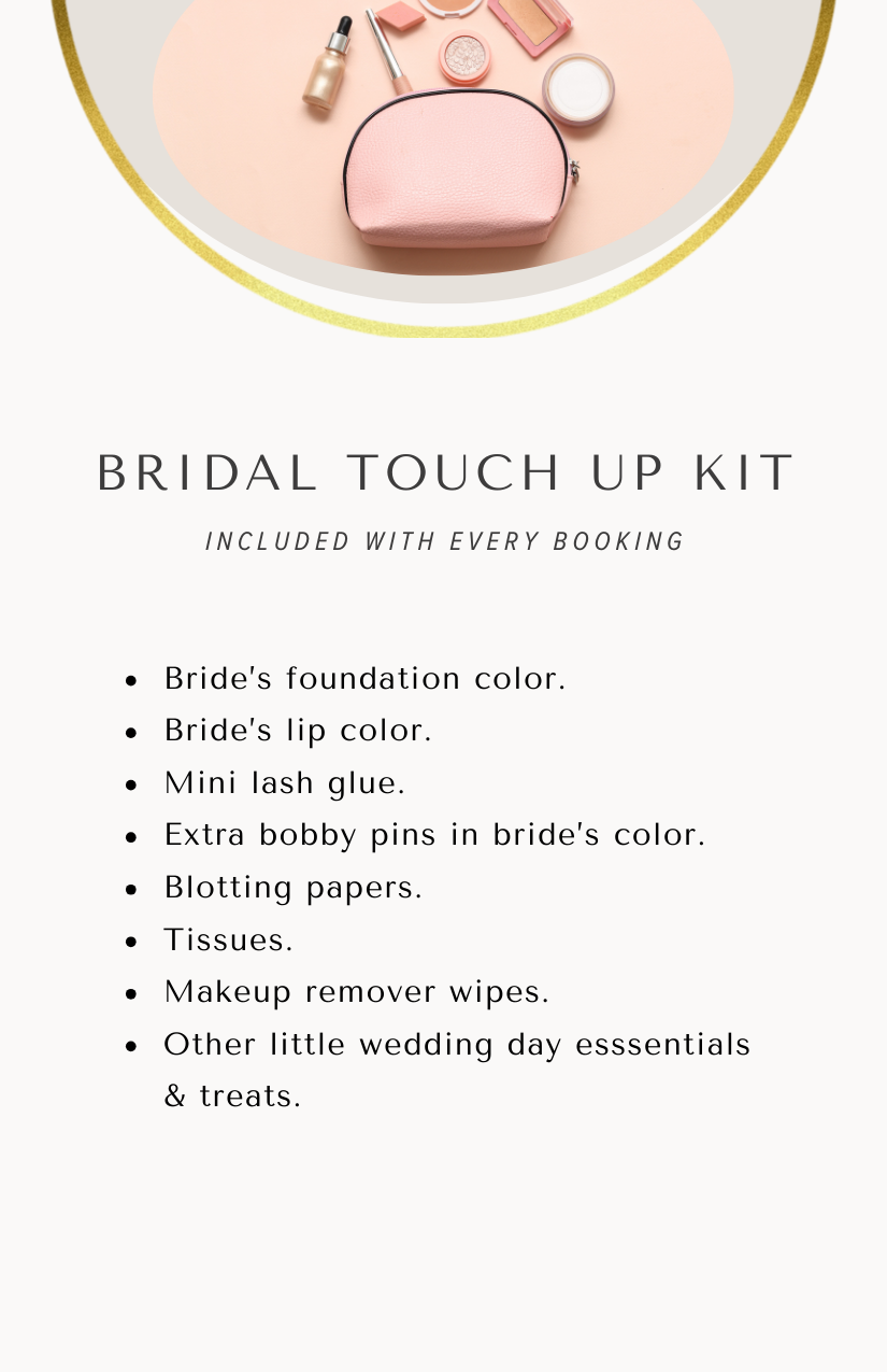 A pink cosmetic bag and various makeup items and beauty products arranged on a light pink background.