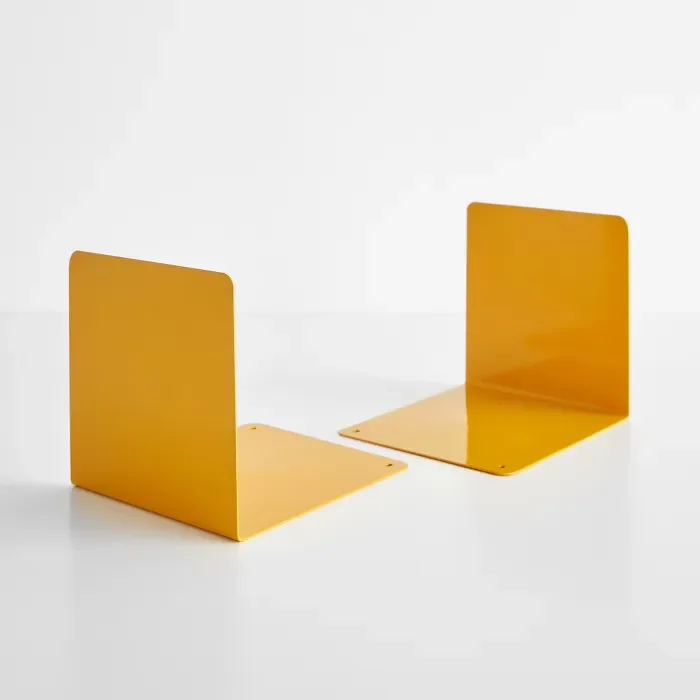 Two yellow L-shaped metal bookends pair - minimalist