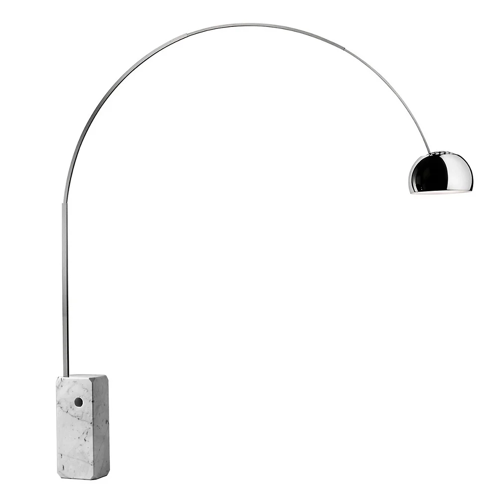 A modern, minimalist floor lamp with a curved metal arm and a marble base, featuring a sleek, reflective metal shade at the top.
