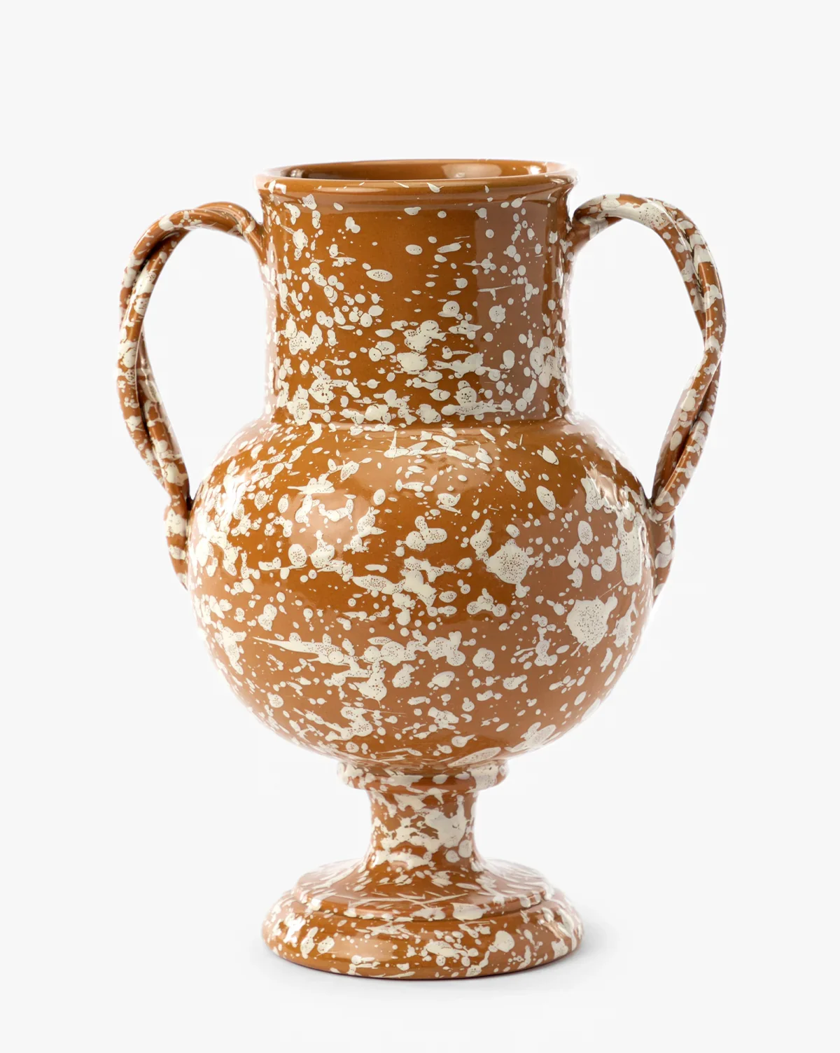 Brown vase with white splatter pattern and dual handles, isolated on white background.