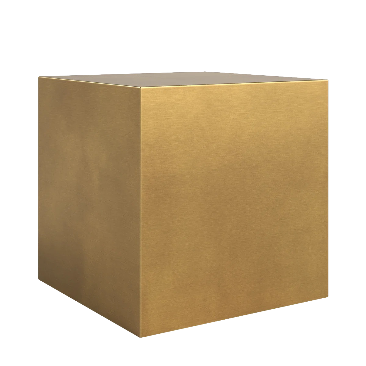 A gold-colored, metallic, square side table with a smooth, brushed finish.