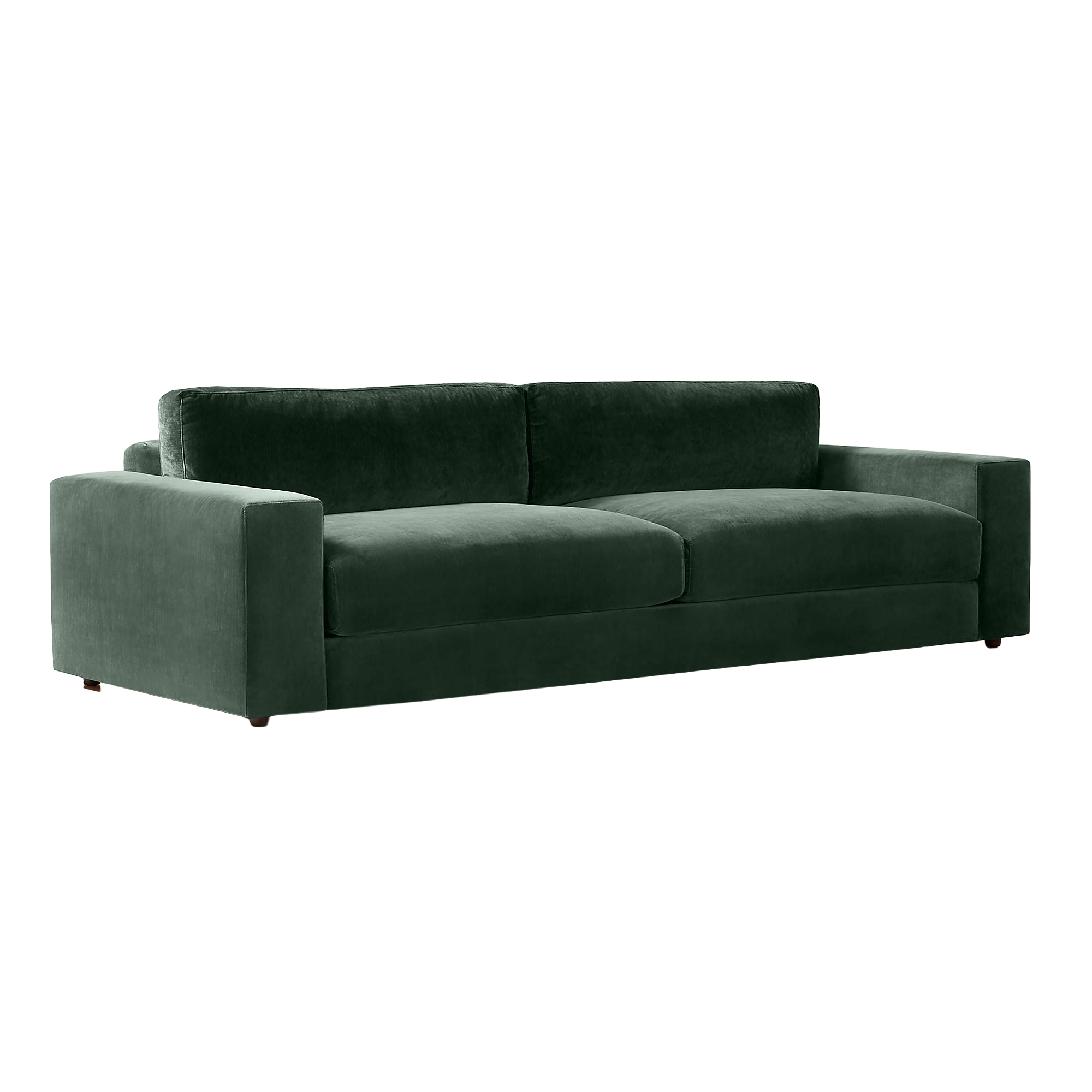 A dark green fabric sofa with two cushions, set against a transparent background.