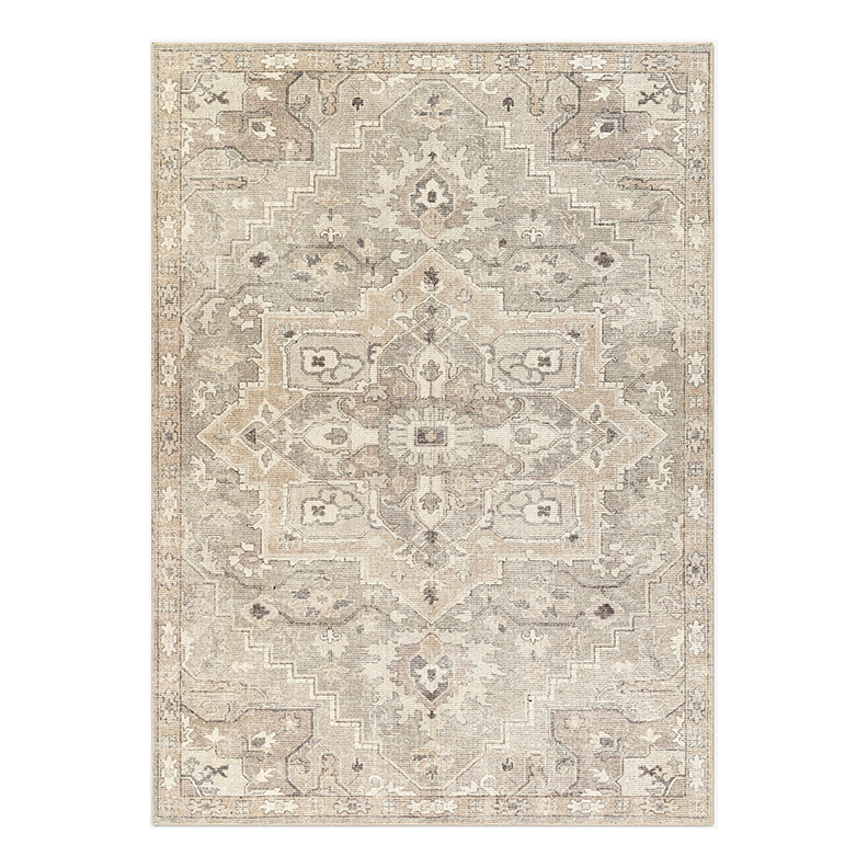 A beige and light gray patterned area rug with intricate traditional designs and a central medallion.