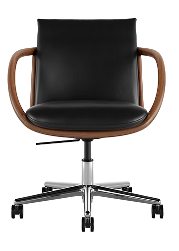 Black office chair with wooden armrests and a metal base on a white background.