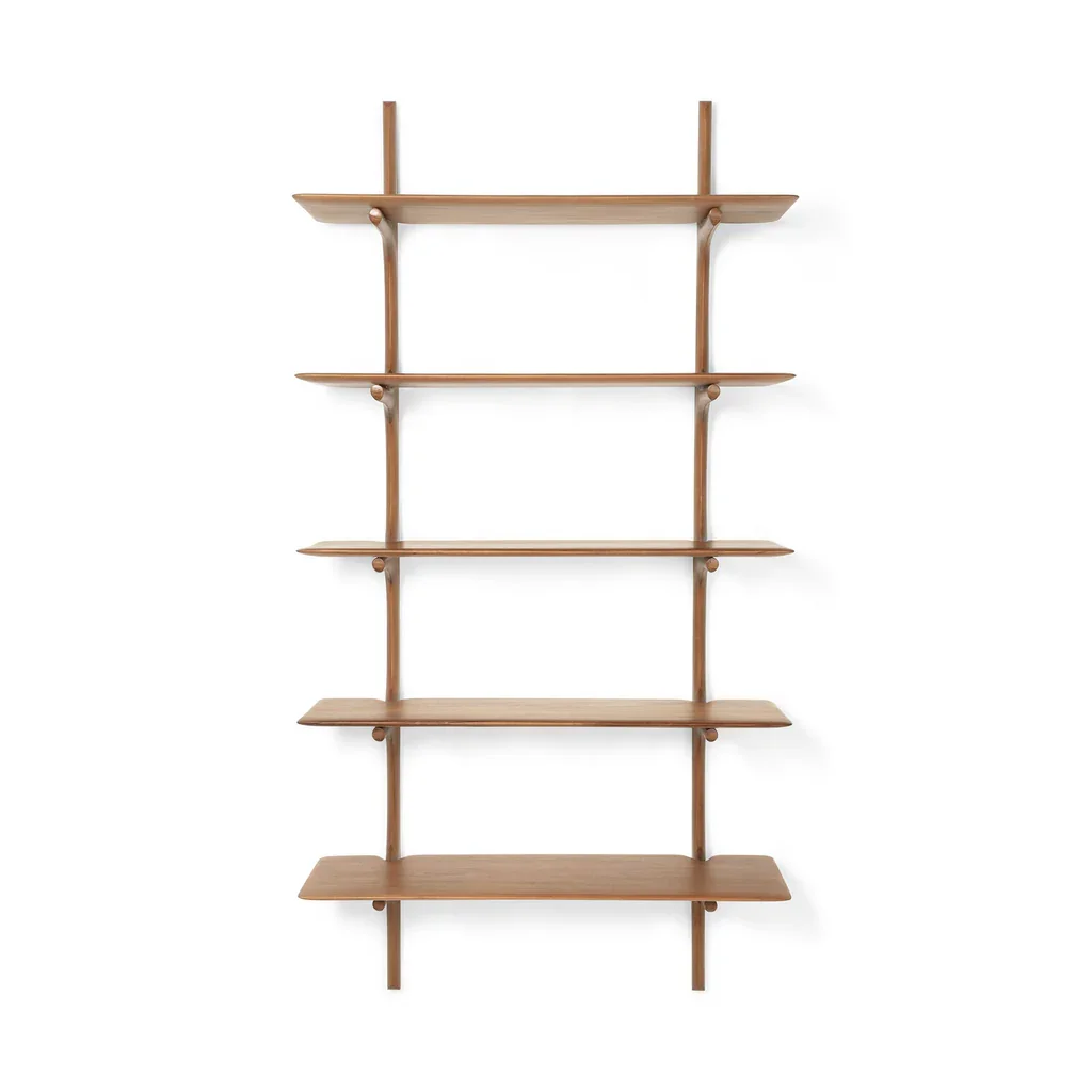 Wooden wall-mounted bookshelf with five shelves against a white background.