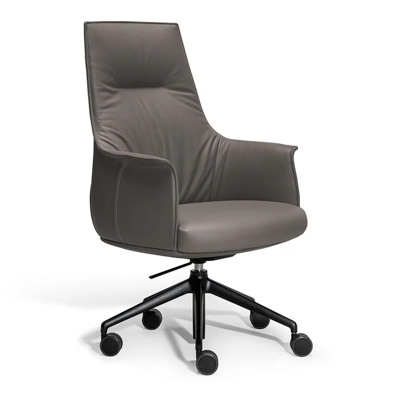 Gray leather office chair with armrests on a five-wheel base.