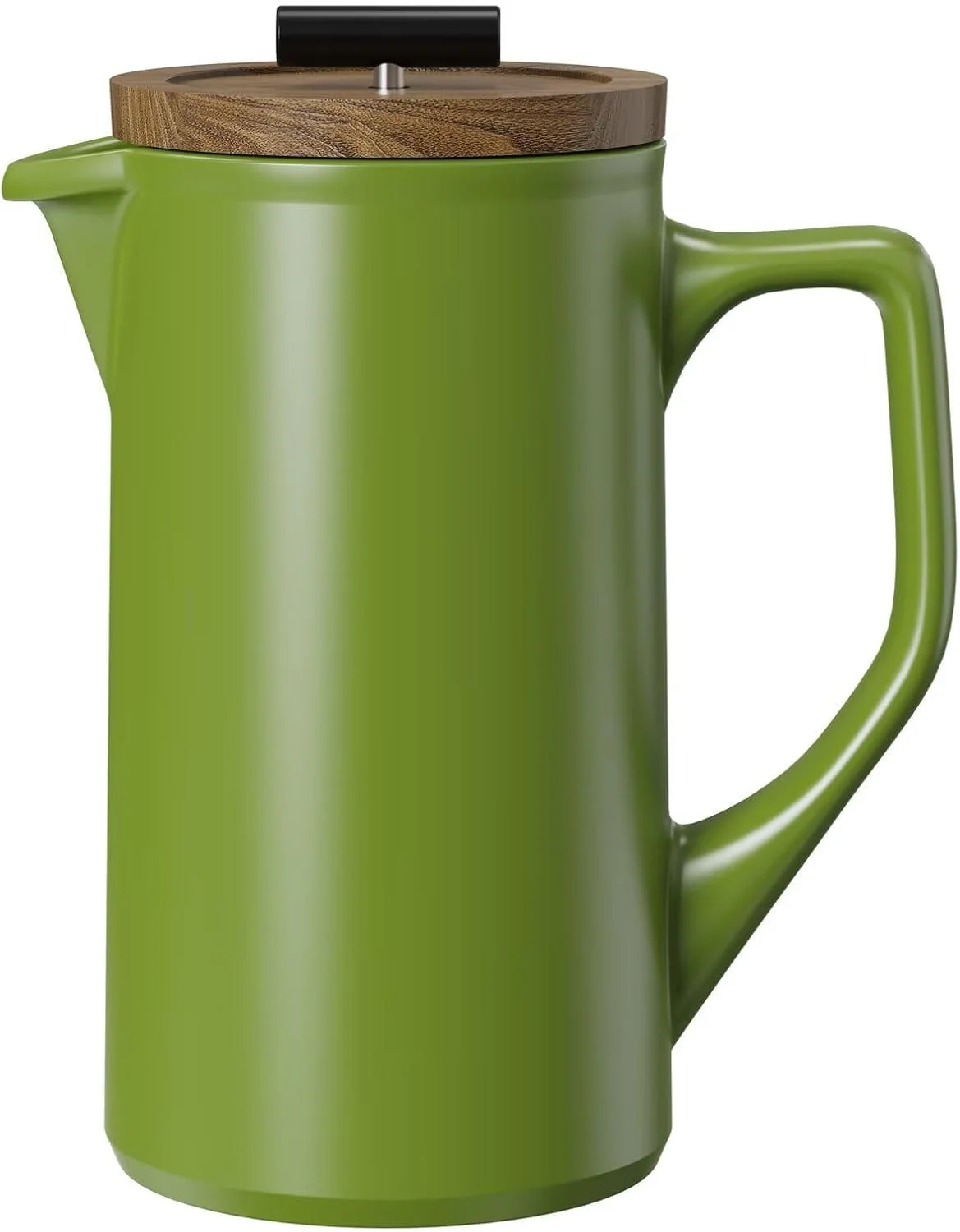 A green vintage-style french press with a wooden lid and a black knob.