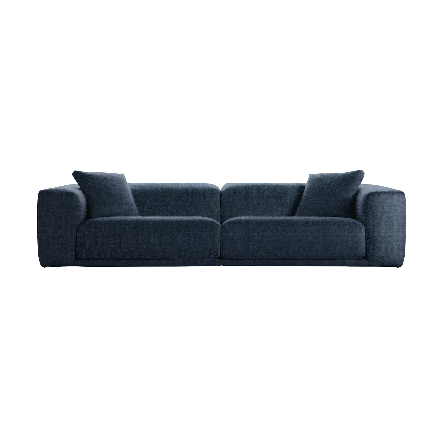 A dark blue upholstered sofa with two matching throw pillows, set against a white background.