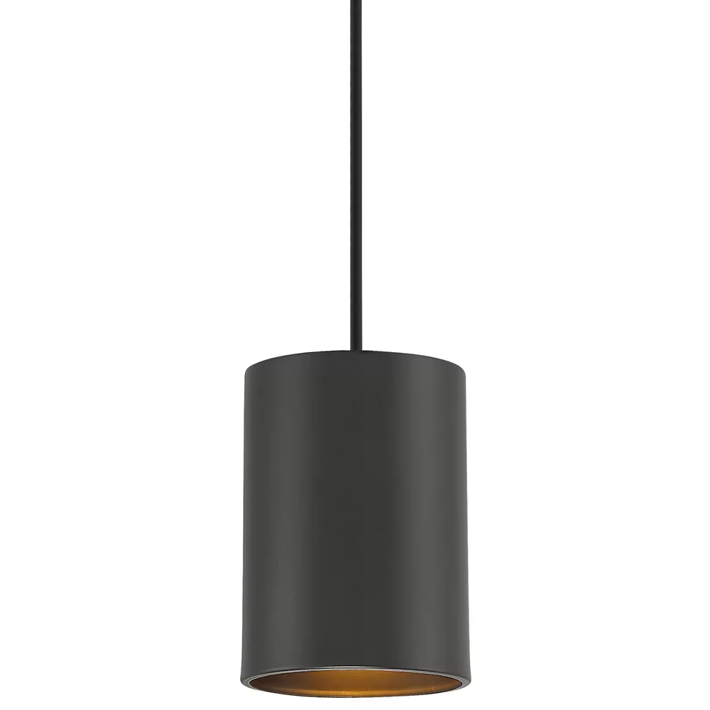 Black cylindrical pendant light hanging from a black cord against a white background.