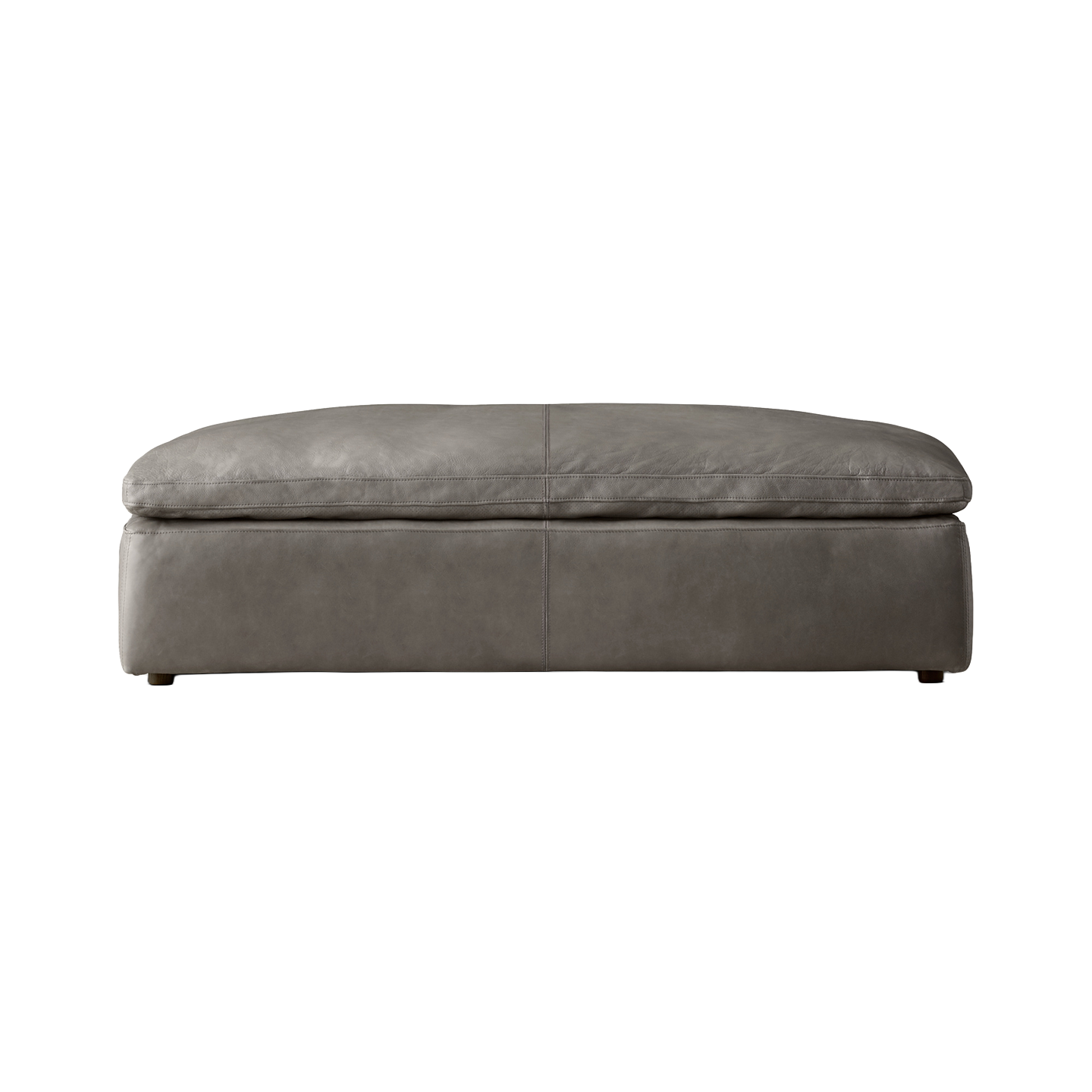 Gray leather ottoman with a cushioned top and metal legs.