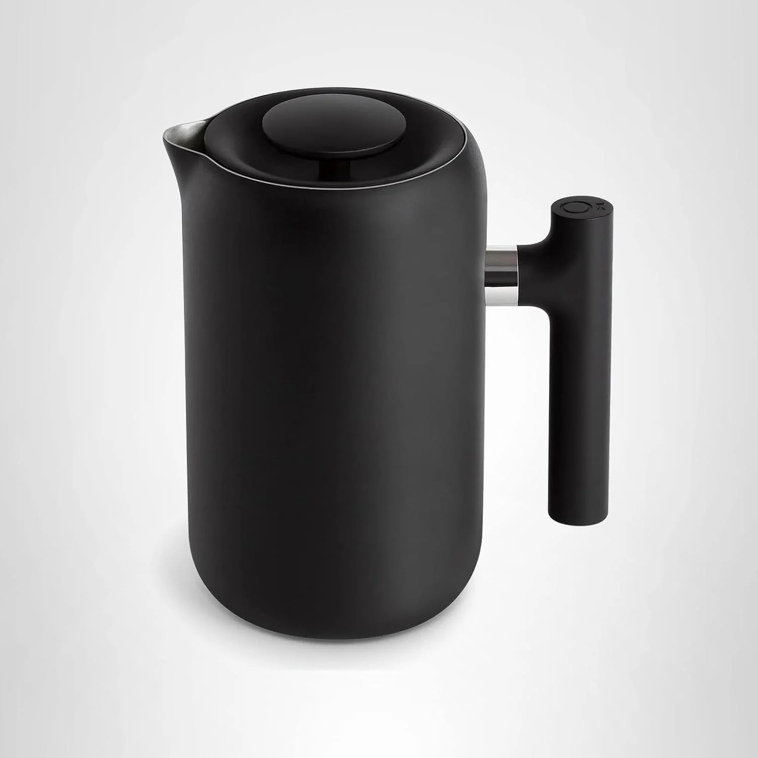 A sleek, matte black french press with a minimalist design, featuring a small spout and a handle on the side
