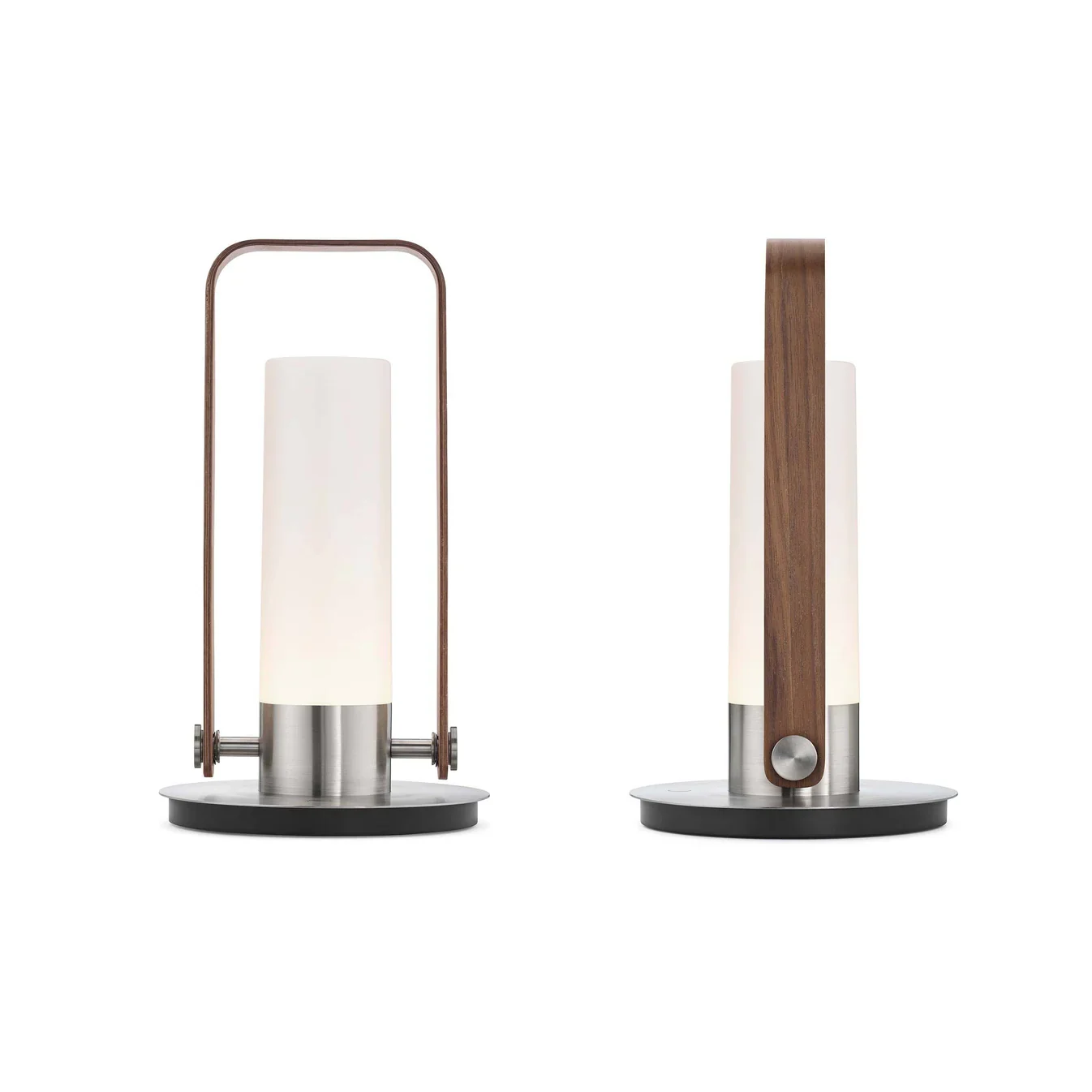 Modern  cordless indoor/outdoor table lamp with a cylindrical frosted glass shade, metal base, and a wooden vertical support
