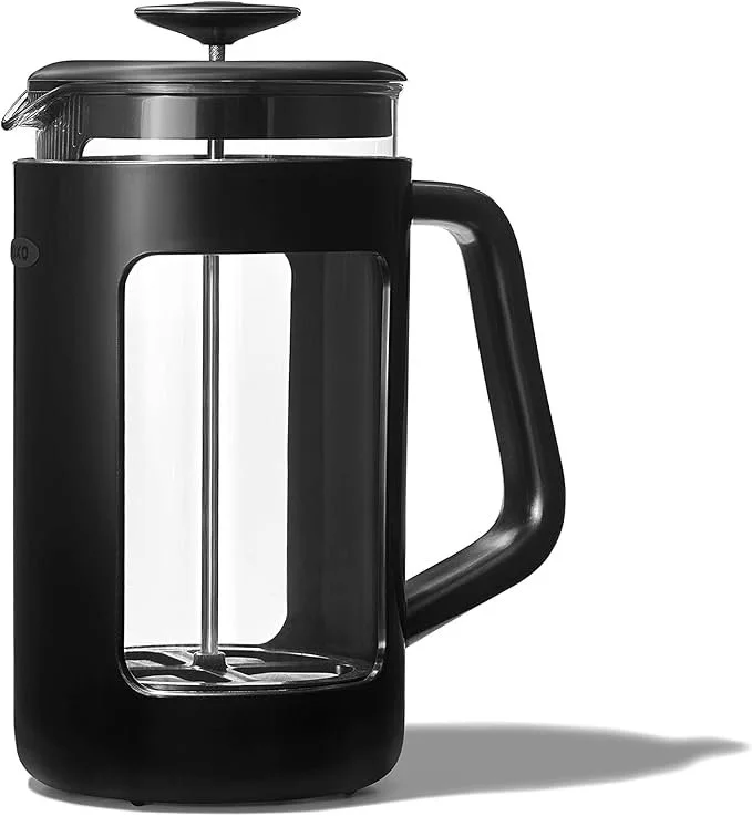 Black French press coffee maker with glass body and handle