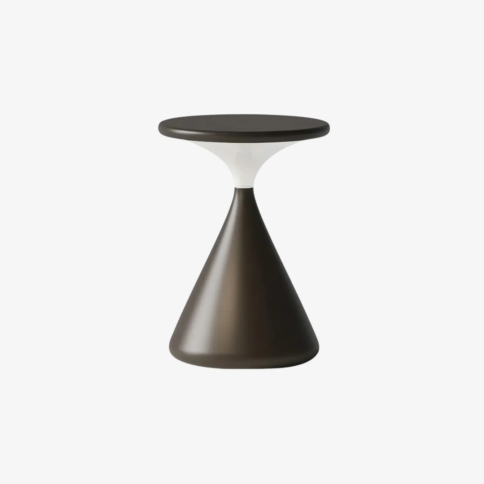 Modern black and white cordless table light with a round top and cone-shaped base.