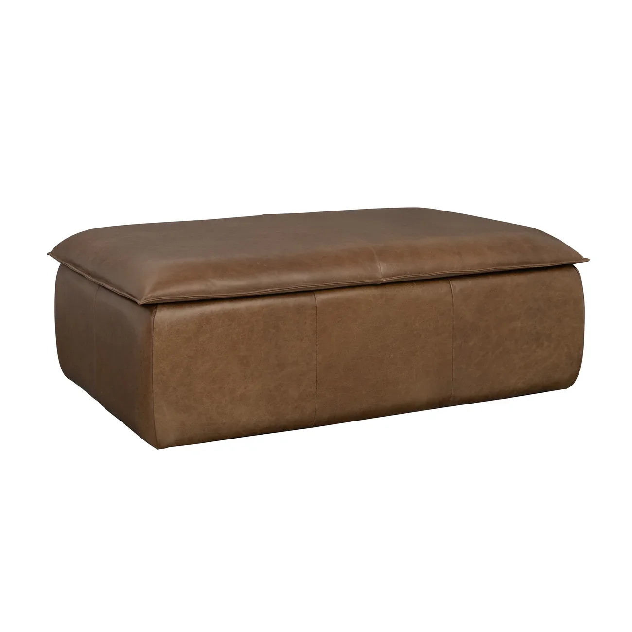 A rectangular brown leather storage ottoman with a cushioned lid.