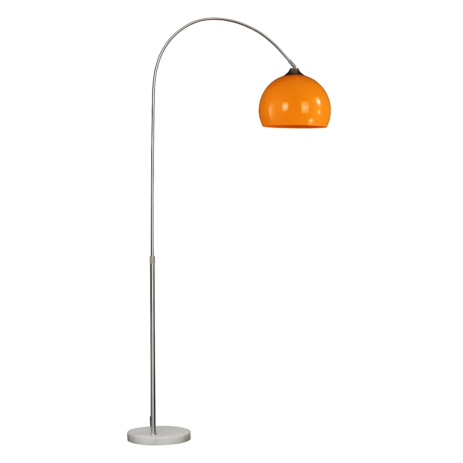 Modern floor lamp with a curved arm and an orange lampshade against a plain white background.