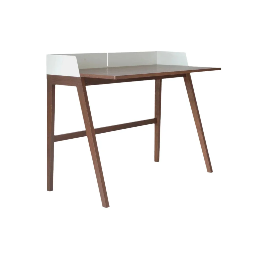 A wooden desk with a white backboard and an open top.