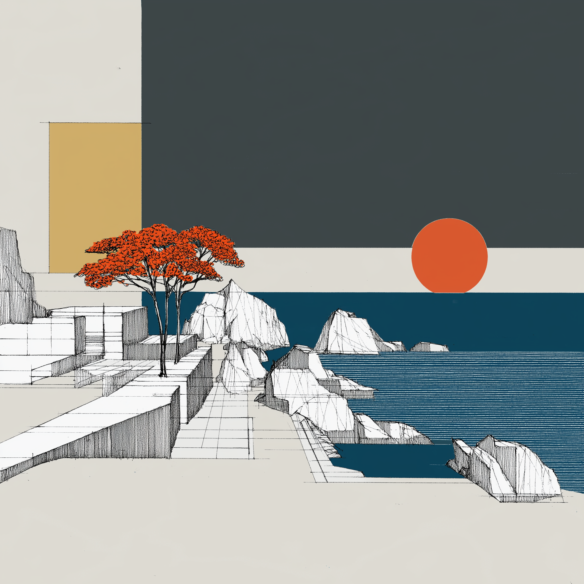 Digital artwork depicting a coastal scene with a large orange sun setting or rising over the ocean, a tree with orange leaves, rocky formations, and architectural elements on a stepped platform.