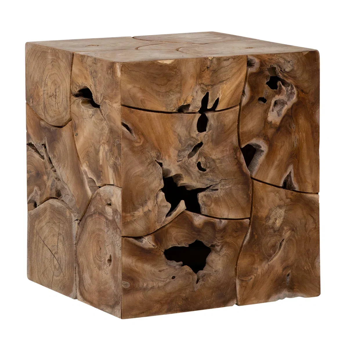 A wooden cube-shaped side table made from burl wood with natural knots and grain patterns.