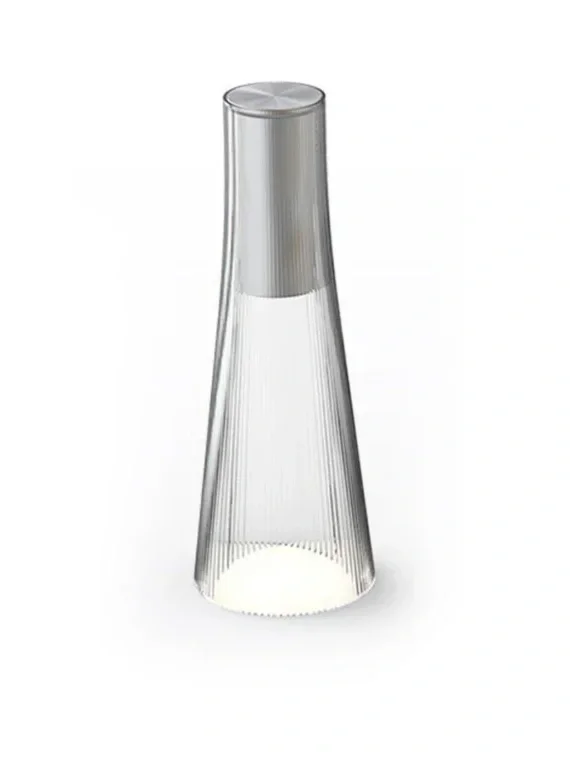 A clear glass salt shaker with a silver top, placed against a plain white background.