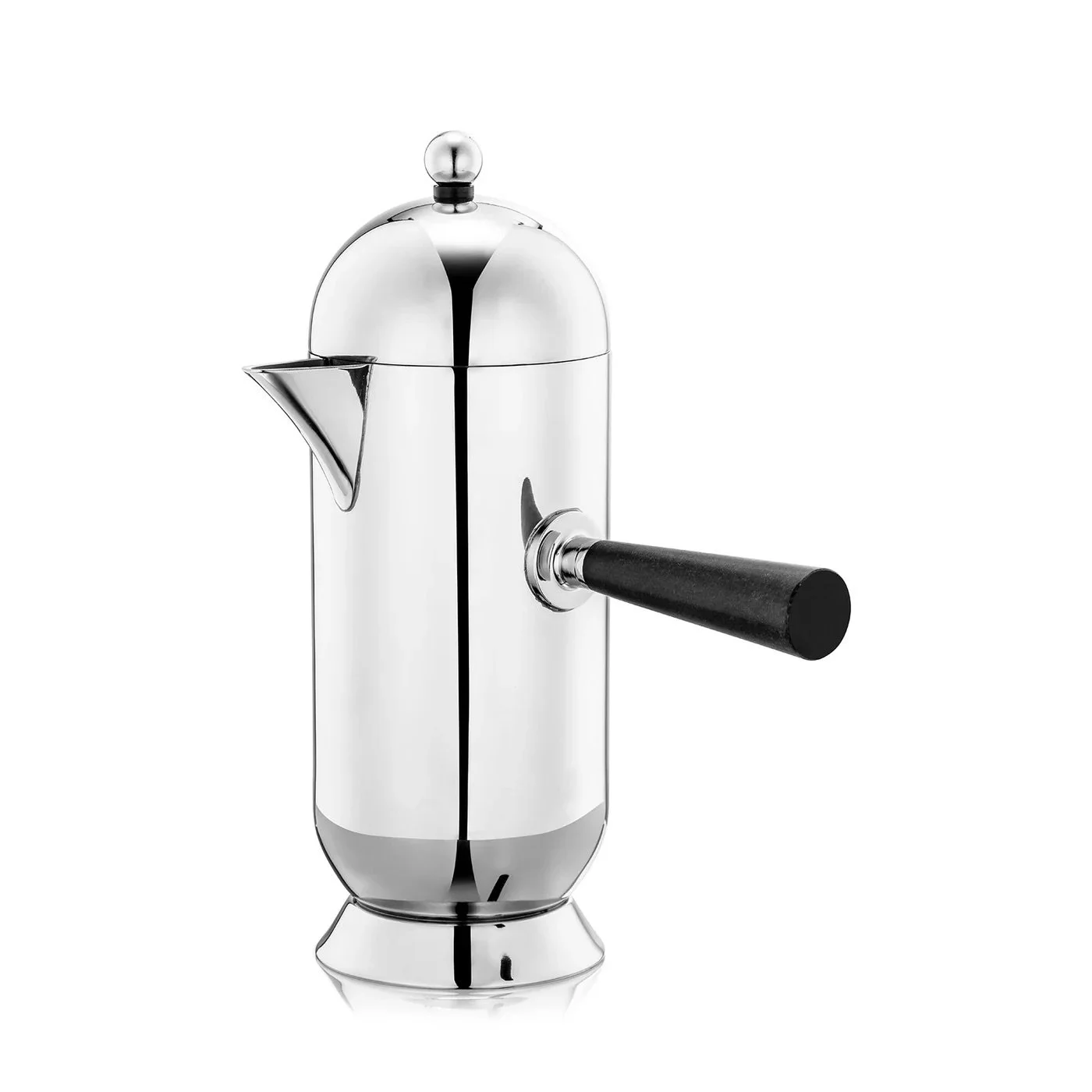 A sleek, silver espresso maker with a black handle on a white background.