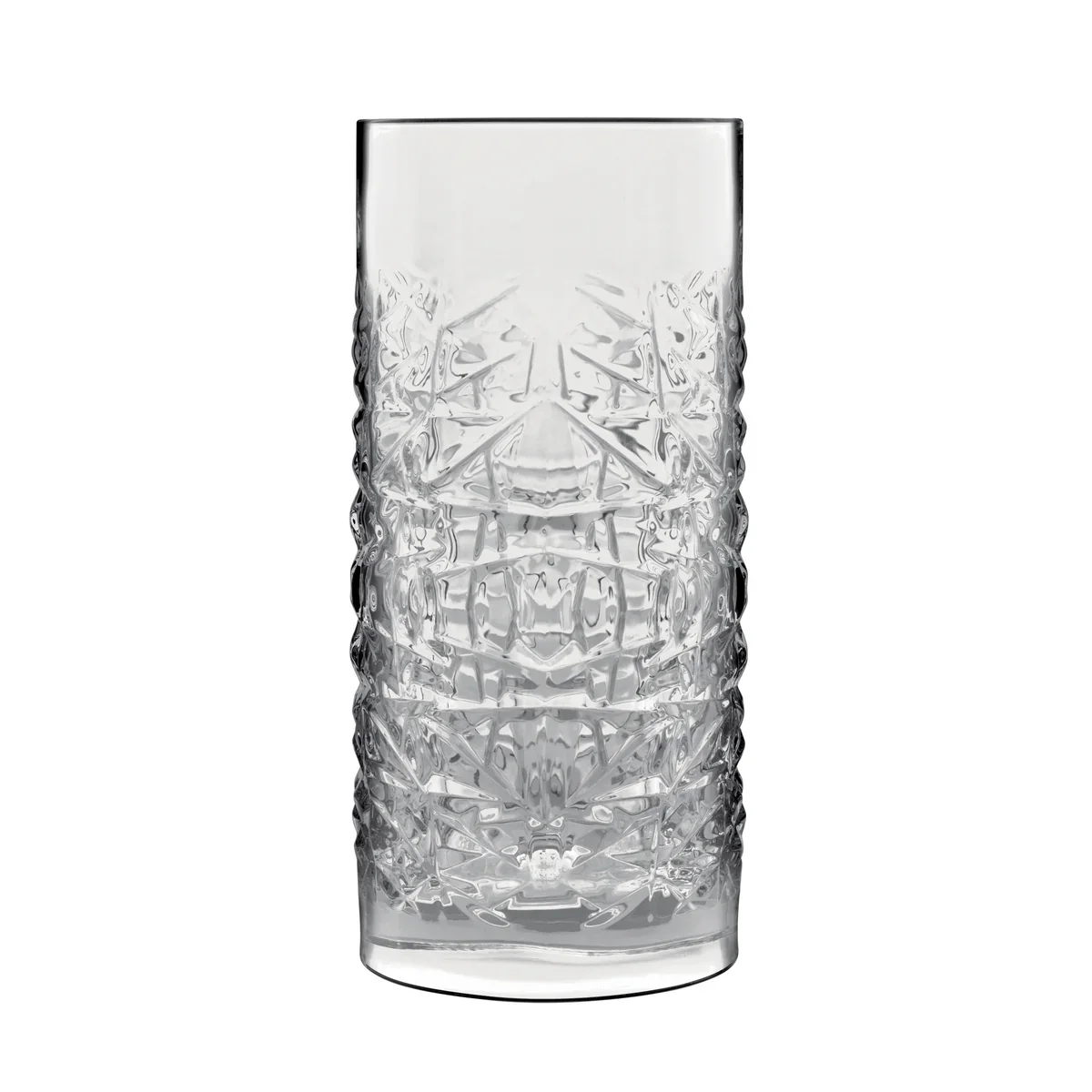 A tall, clear glass tumbler with a textured, patterned surface, empty and isolated on a white background.