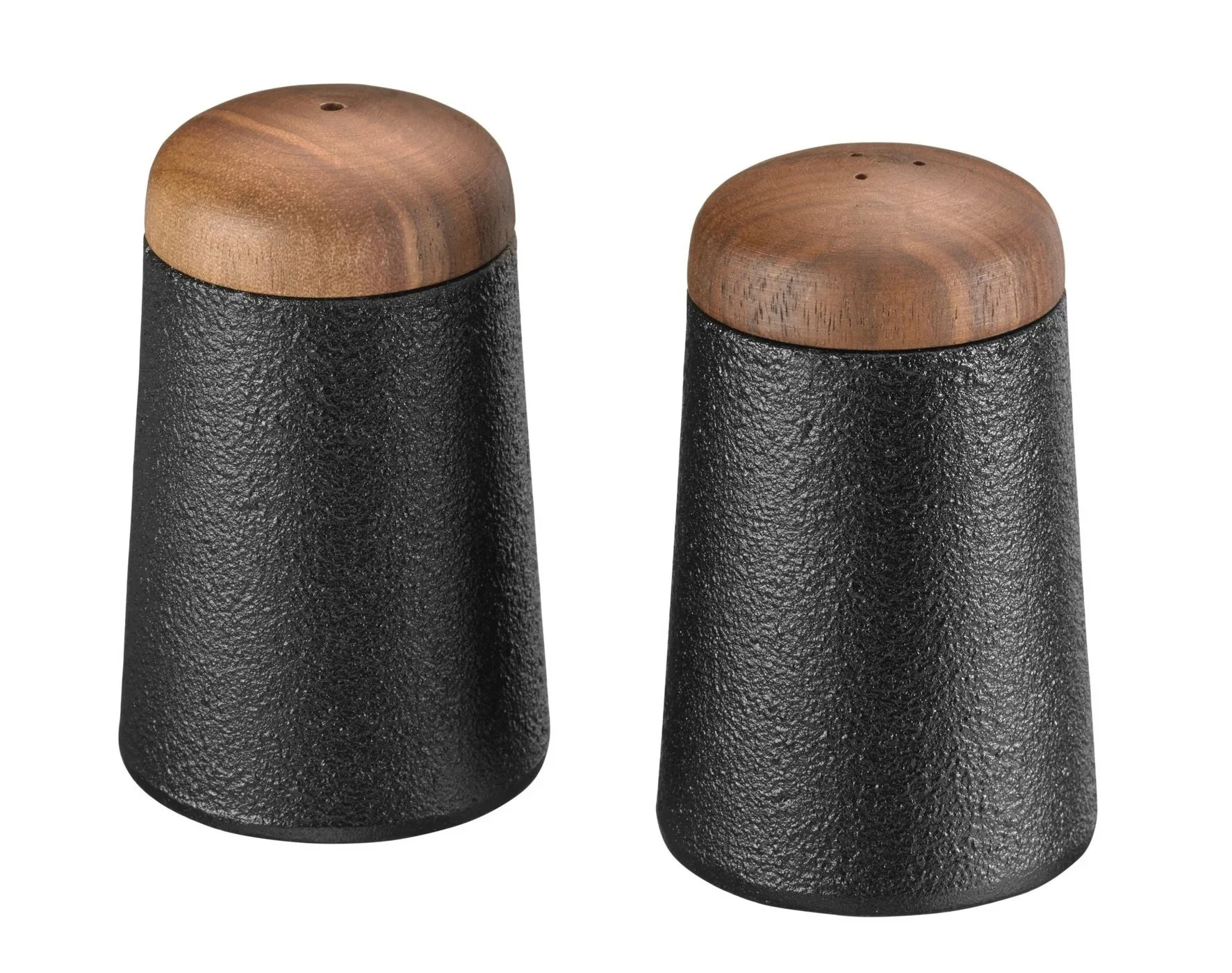 Two salt and pepper shakers with black iron, textured bodies and wooden tops