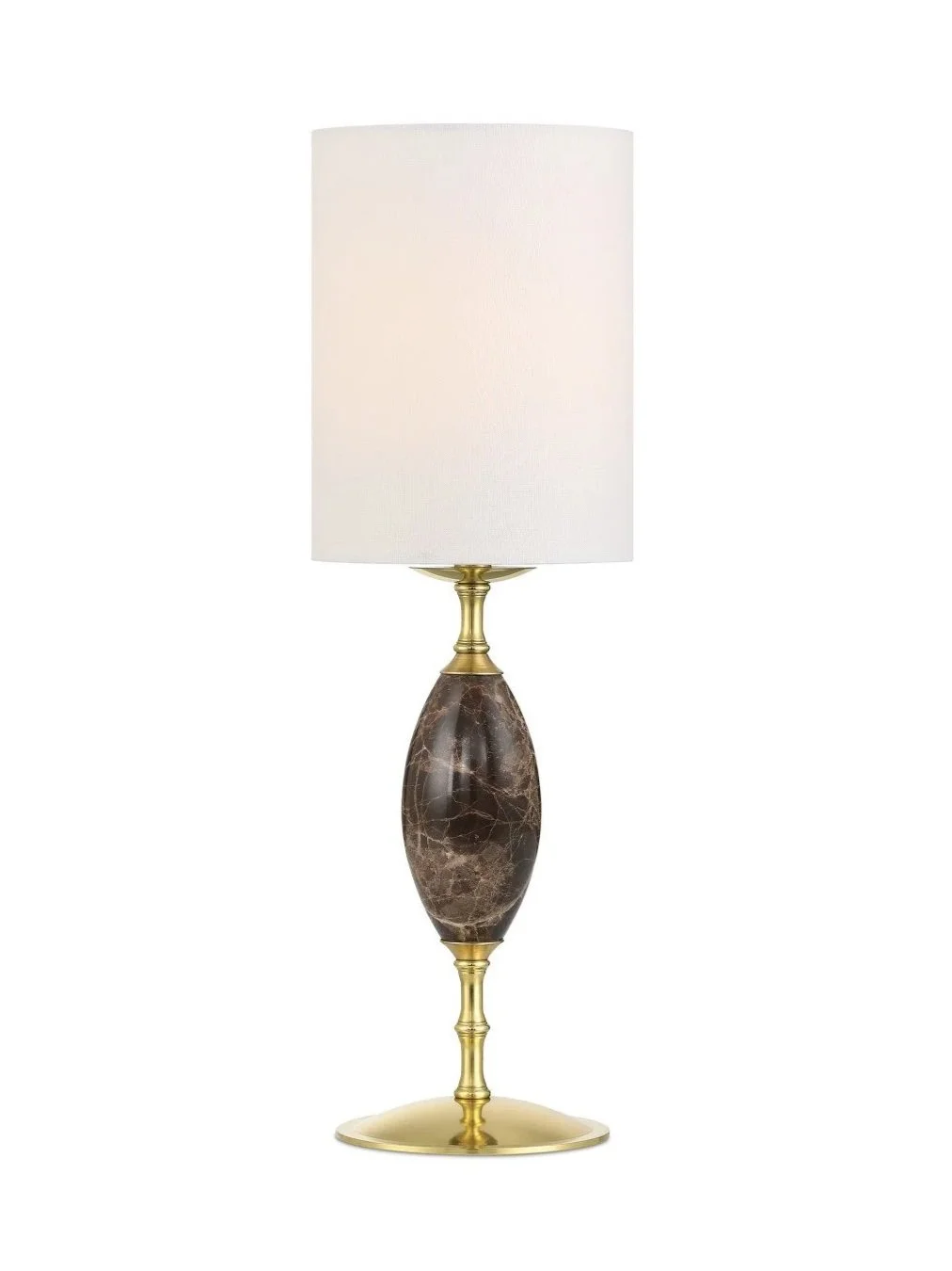 A table lamp with a white lampshade, a brass and marble base, and a gold-colored round platform at the bottom.