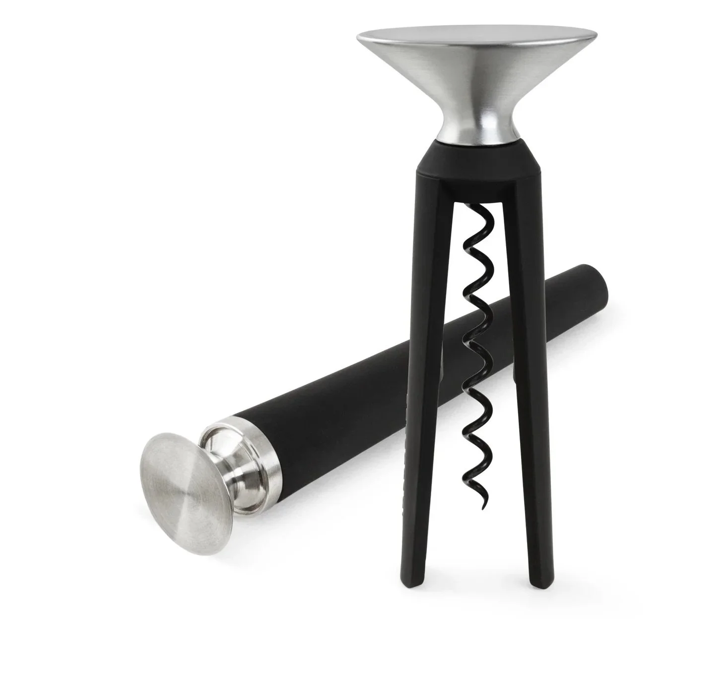 A modern wine opener and corkscrew with a stand, featuring a black handle, a metal opener top, and a spiral corkscrew.