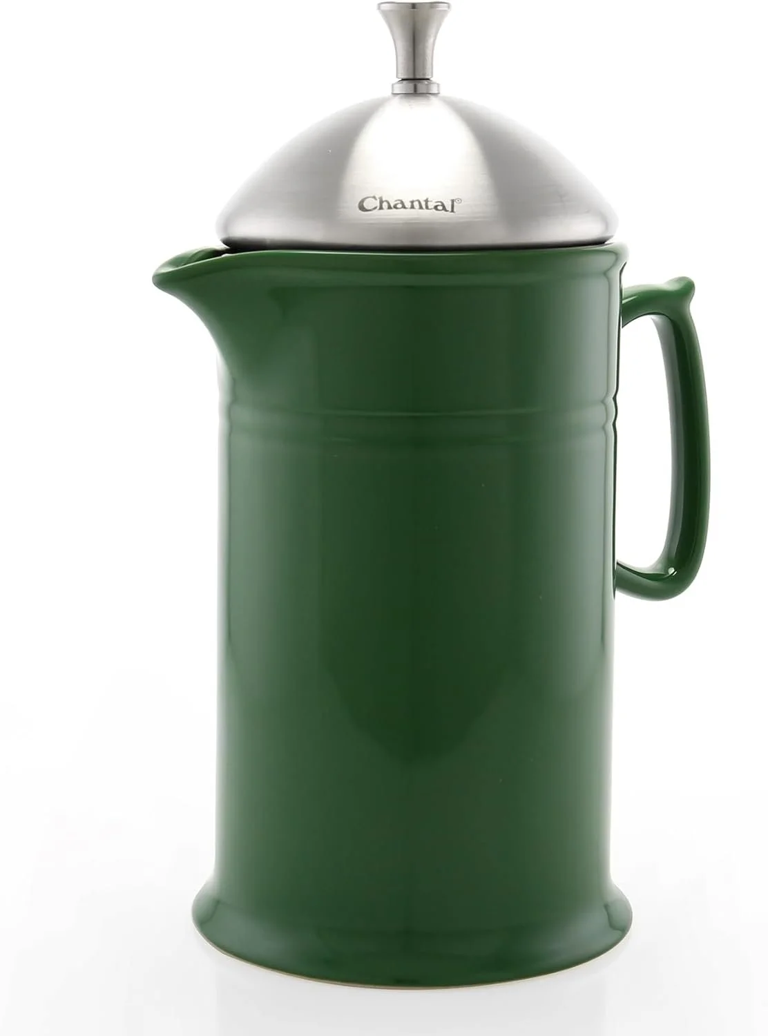 Green ceramic french press with stainless steel lid and handle.