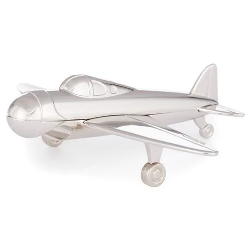 Silver airplane bottle opener with landing gears, designed in a sleek, modern style.