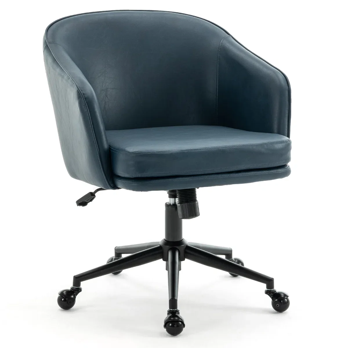A black swivel office chair with a cushioned seat and backrest, adjustable height, and caster wheels.