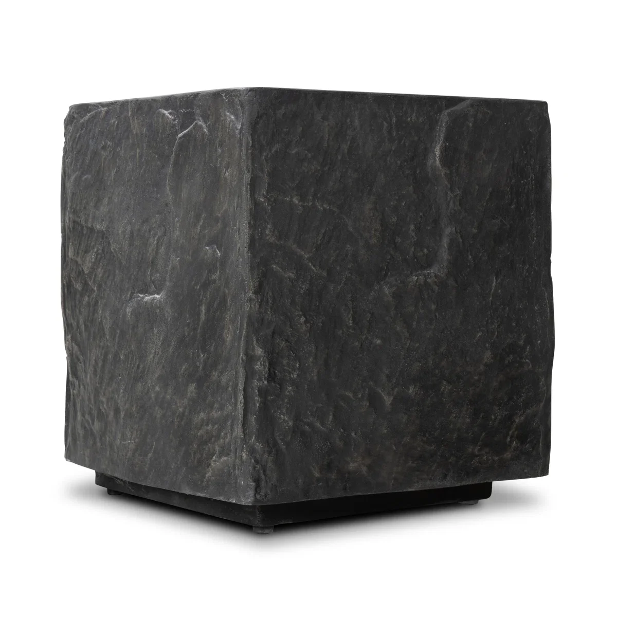 A large black marble cube side table with a rustic surface, positioned on a white background.