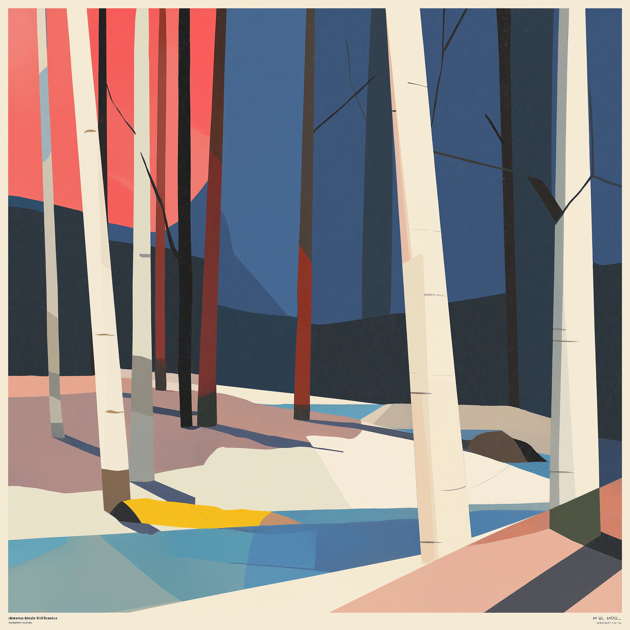 A stylized digital illustration of a snowy landscape with several tall, slender trees, mountainous background, and a river at the bottom, using geometric shapes and a color palette of pink, blue, white, and dark tones.