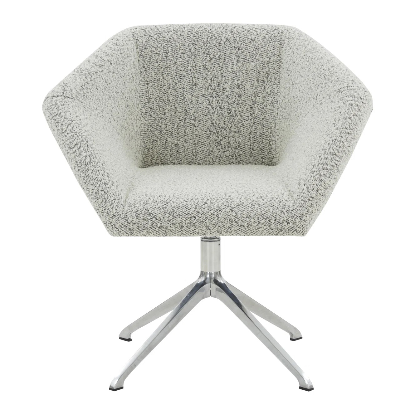 Modern upholstered swivel chair with a patterned fabric and metal base.