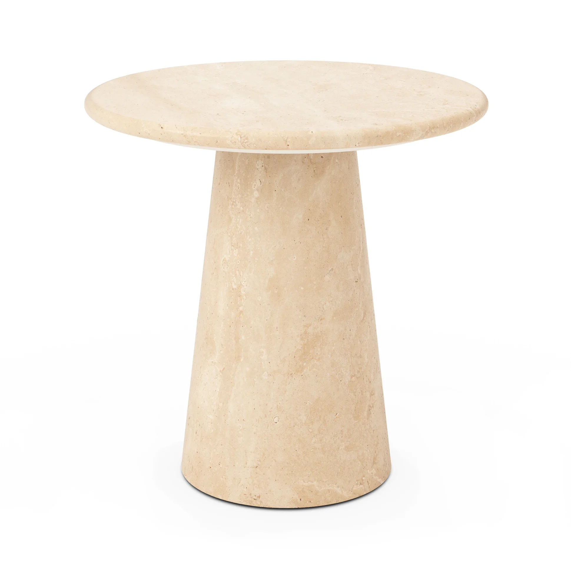 Beige stone side table with a round top and conical base.