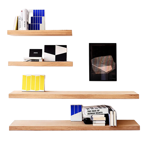 Four wooden shelves with books, boxes, and a tablet against a multicolored wall.