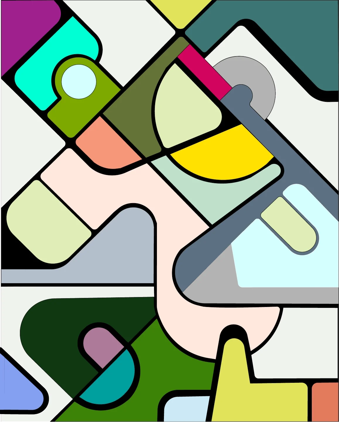 Abstract illustration with various geometrical shapes and vibrant colors, including green, yellow, pink, blue, purple, white, and gray, outlined with bold black lines.