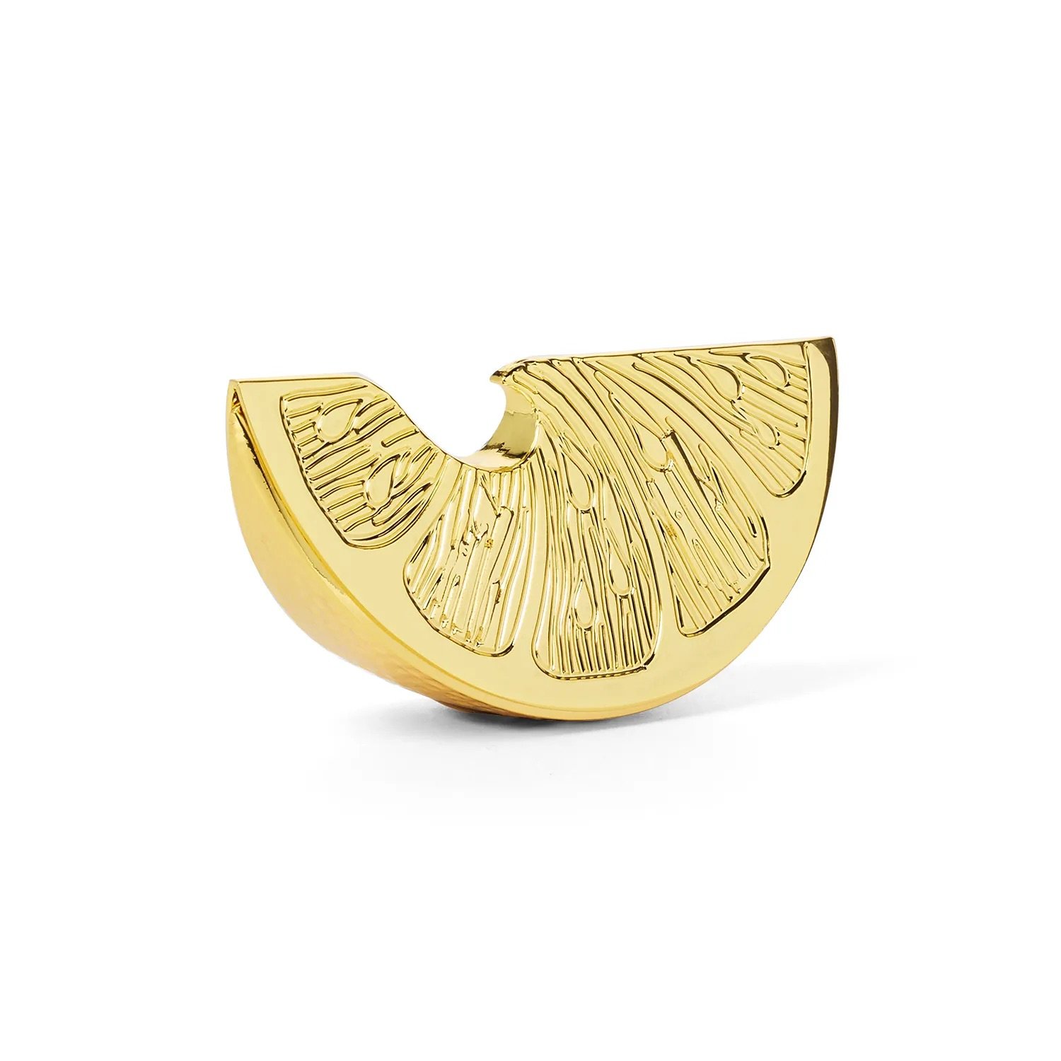 Gold bottle opener to look like a lemon slice with textured detailing