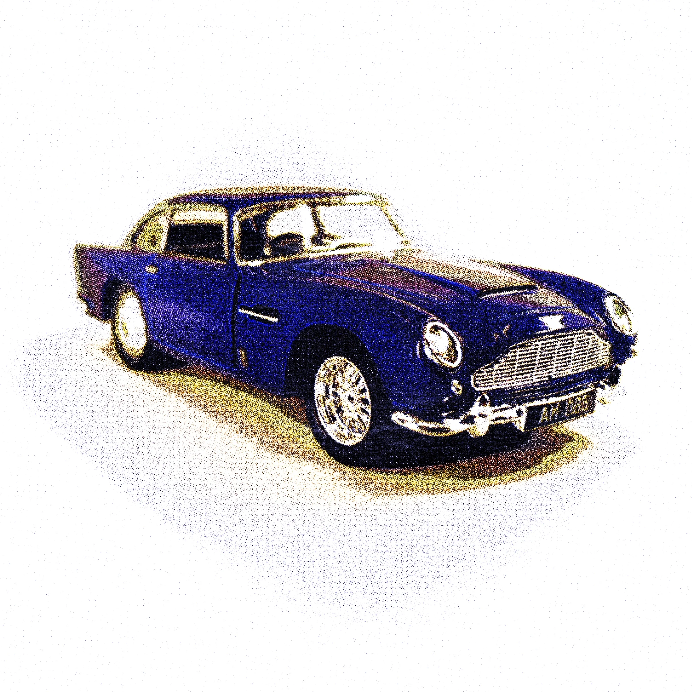 A classic dark blue Aston Martin vintage car with chrome details, viewed from a three-quarter front perspective.
