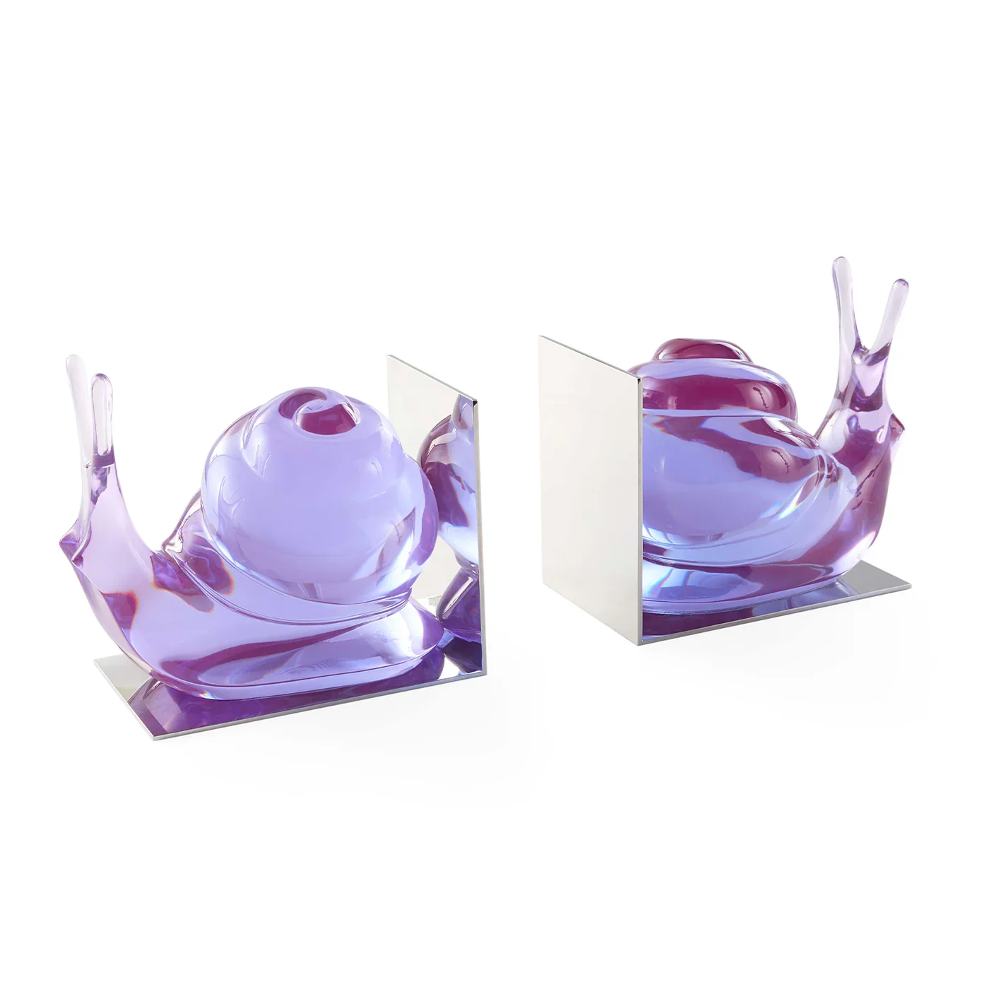 Two glass sculptures of purple snails with mirrored bases and panels, bookends