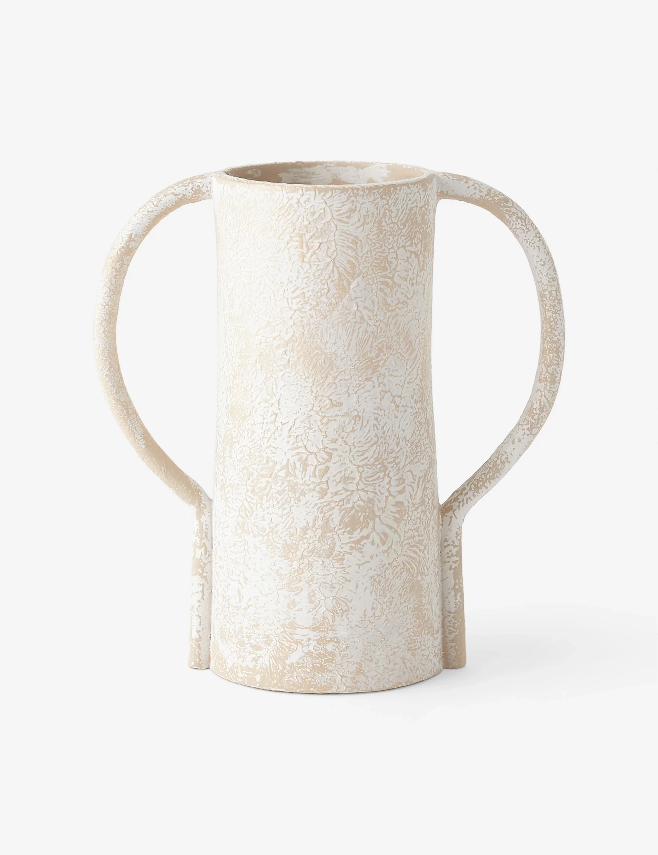 A white textured ceramic pitcher with two handles against a plain white background.