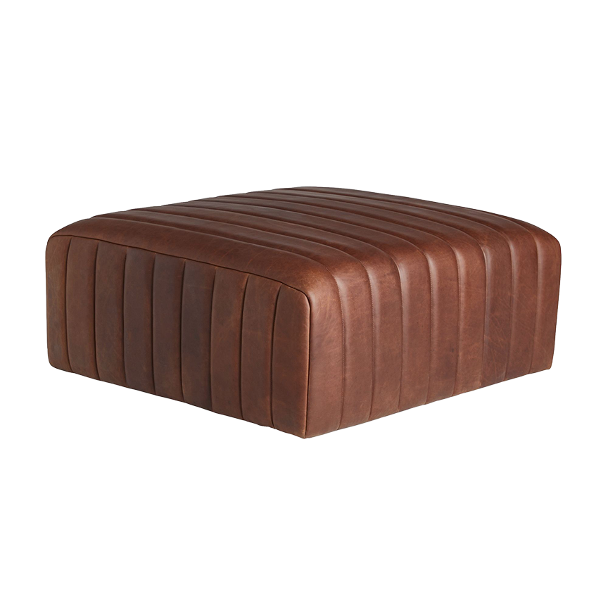 Brown leather tufted ottoman with vertical stitching